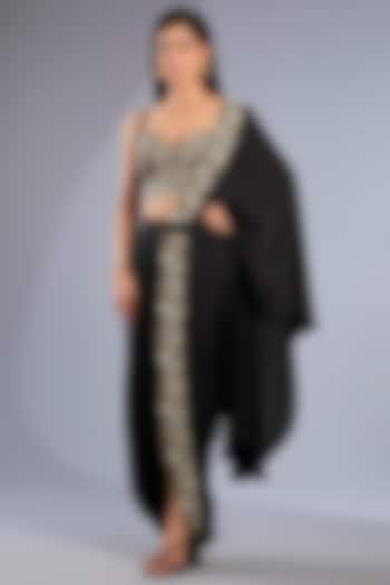 Black Metallic Georgette Embroidered Draped Skirt Set by Rashi Kapoor at Pernia's Pop Up Shop