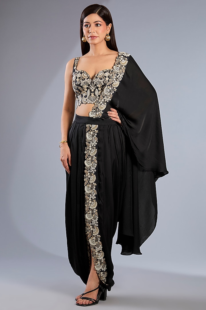 Black Metallic Georgette Embroidered Draped Skirt Set by Rashi Kapoor at Pernia's Pop Up Shop