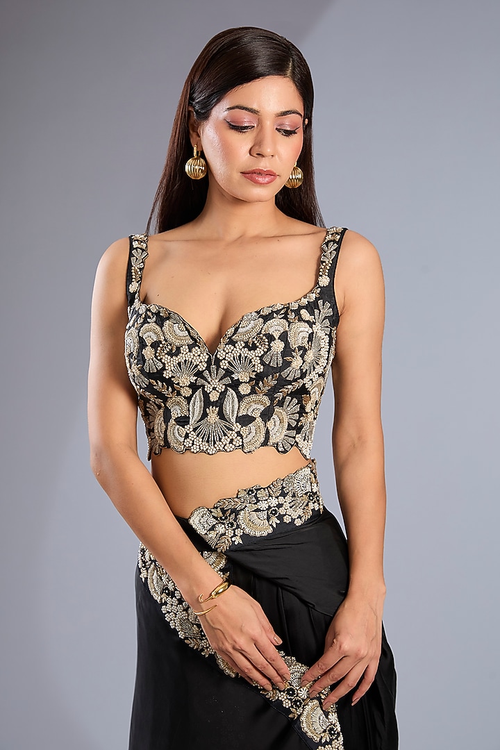 Black Metallic Georgette Embroidered Draped Skirt Set by Rashi Kapoor at Pernia's Pop Up Shop