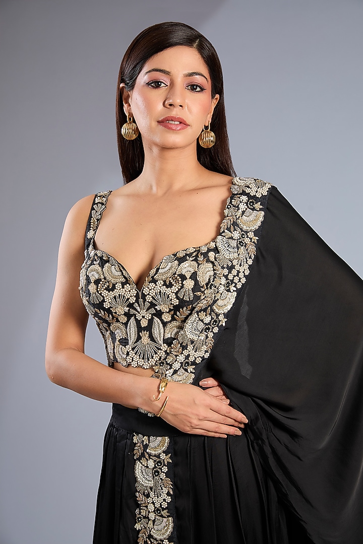Black Metallic Georgette Embroidered Draped Skirt Set by Rashi Kapoor at Pernia's Pop Up Shop
