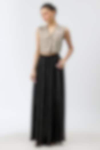 Black Silk Satin Pleated Pant Set by Rashi Kapoor at Pernia's Pop Up Shop