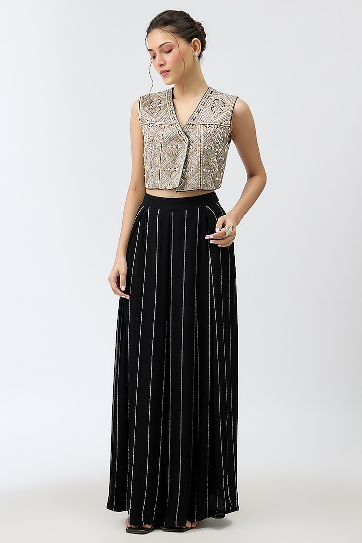 Black Silk Satin Pleated Pant Set by Rashi Kapoor at Pernia's Pop Up Shop