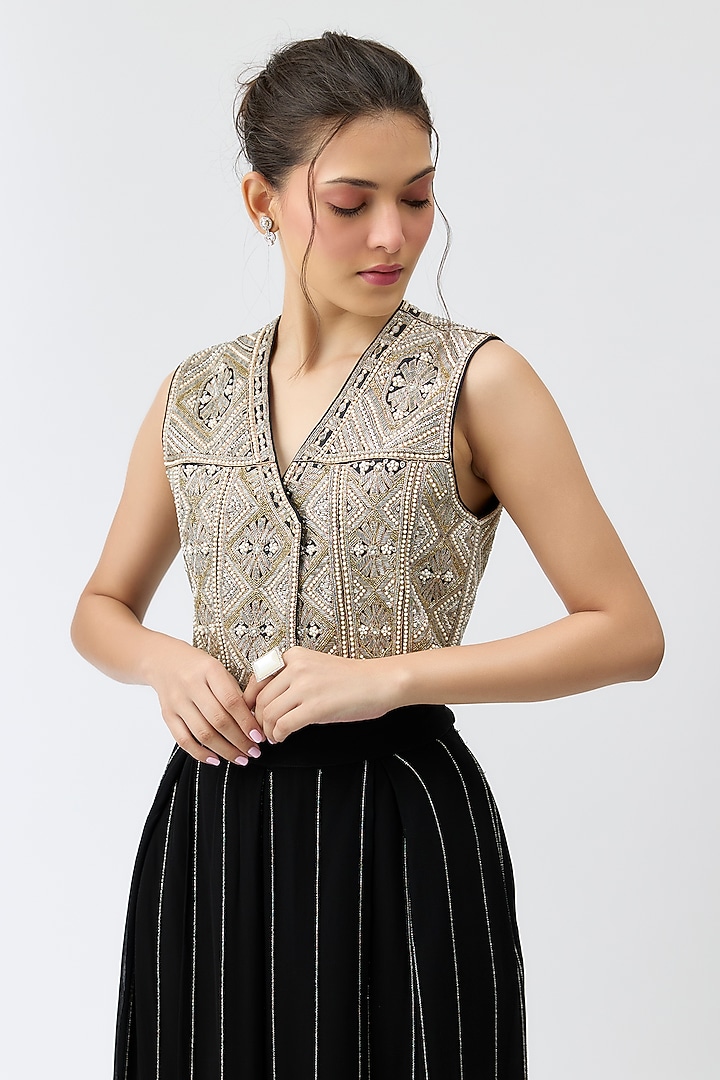 Black Silk Satin Pleated Pant Set by Rashi Kapoor at Pernia's Pop Up Shop