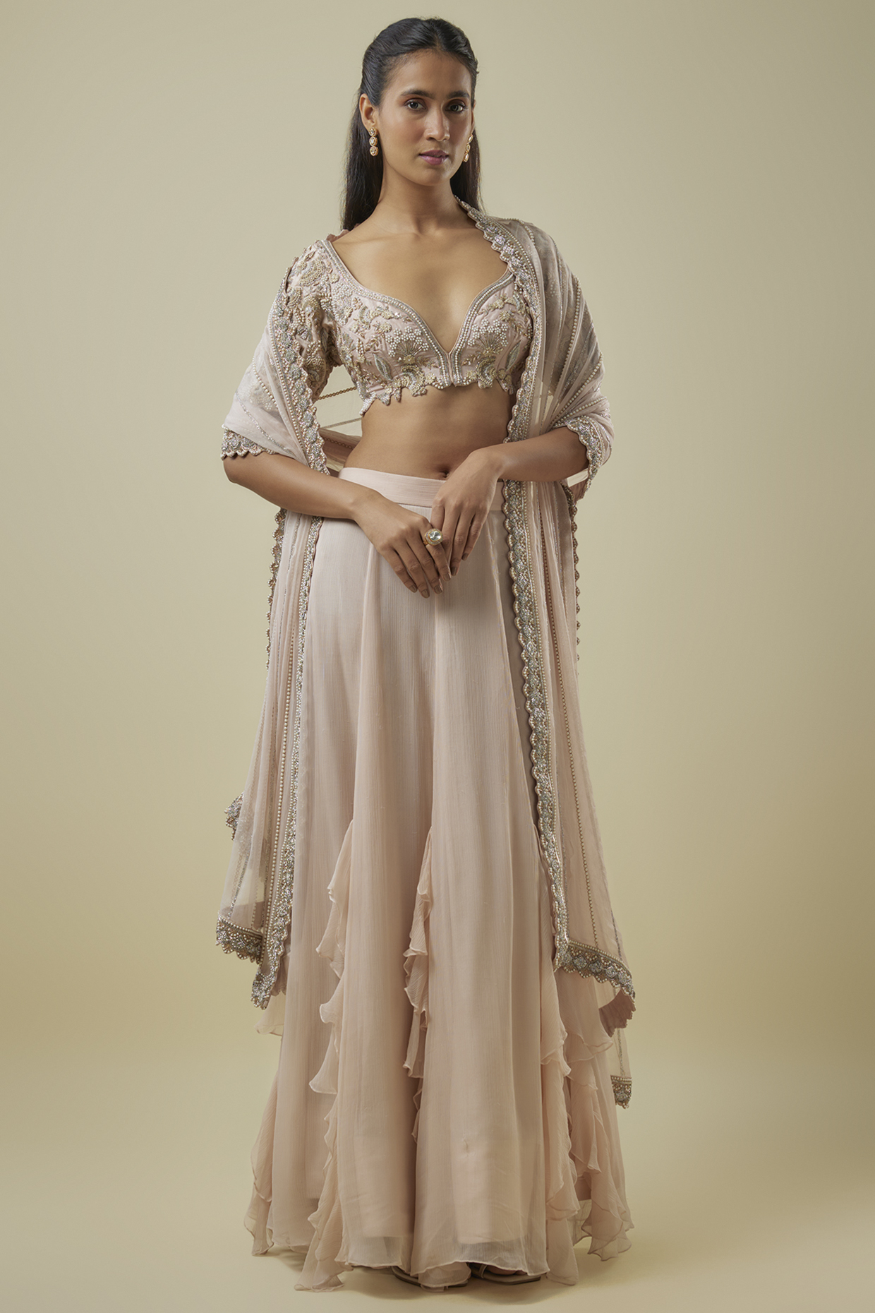 Pink Chiffon Layered Ruffled Bridal Lehenga Set by Rashi Kapoor at Pernia's Pop Up Shop