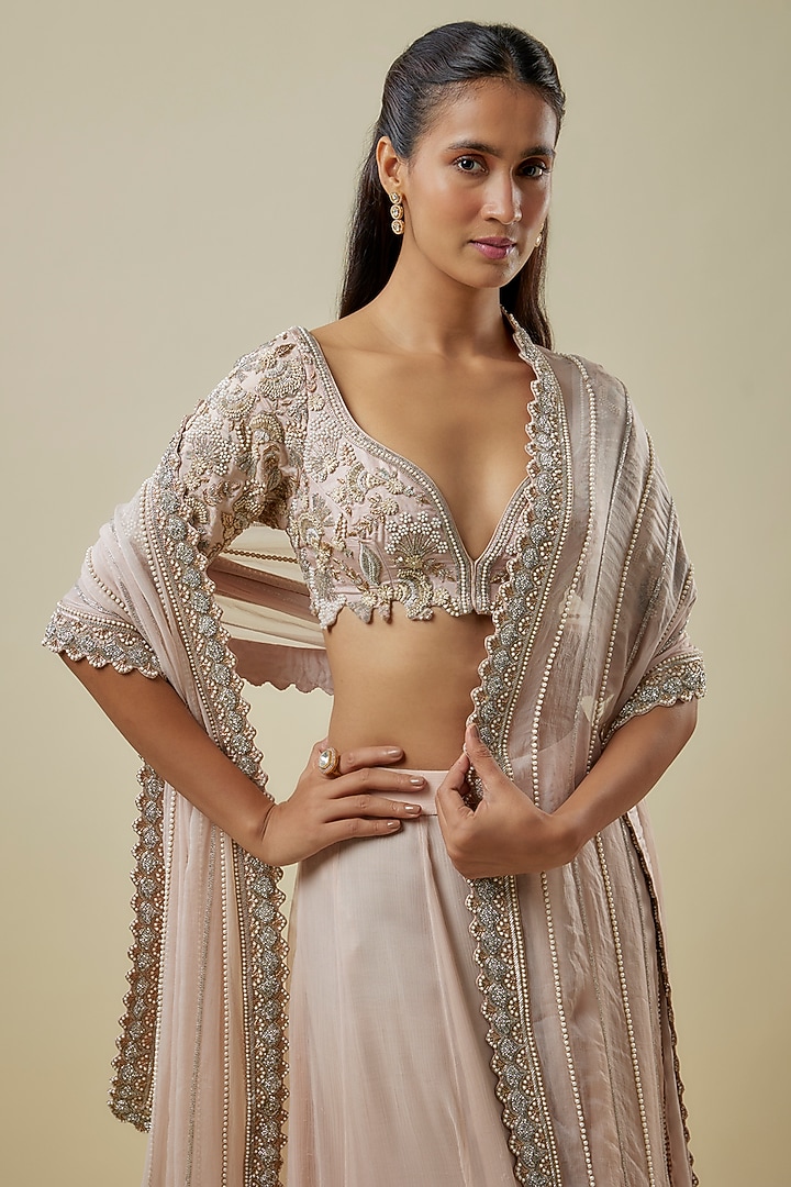 Pink Chiffon Layered Ruffled Lehenga Set by Rashi Kapoor at Pernia's Pop Up Shop