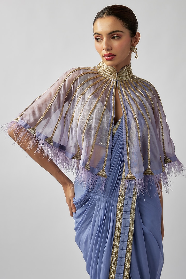 Mauve Silk & Satin Embroidered Pant Reception Saree Set by Rashi Kapoor at Pernia's Pop Up Shop