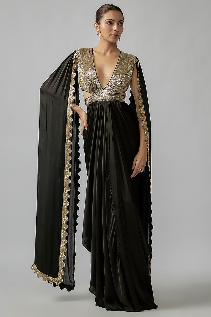 Black Satin Embroidered Gown by Rashi Kapoor