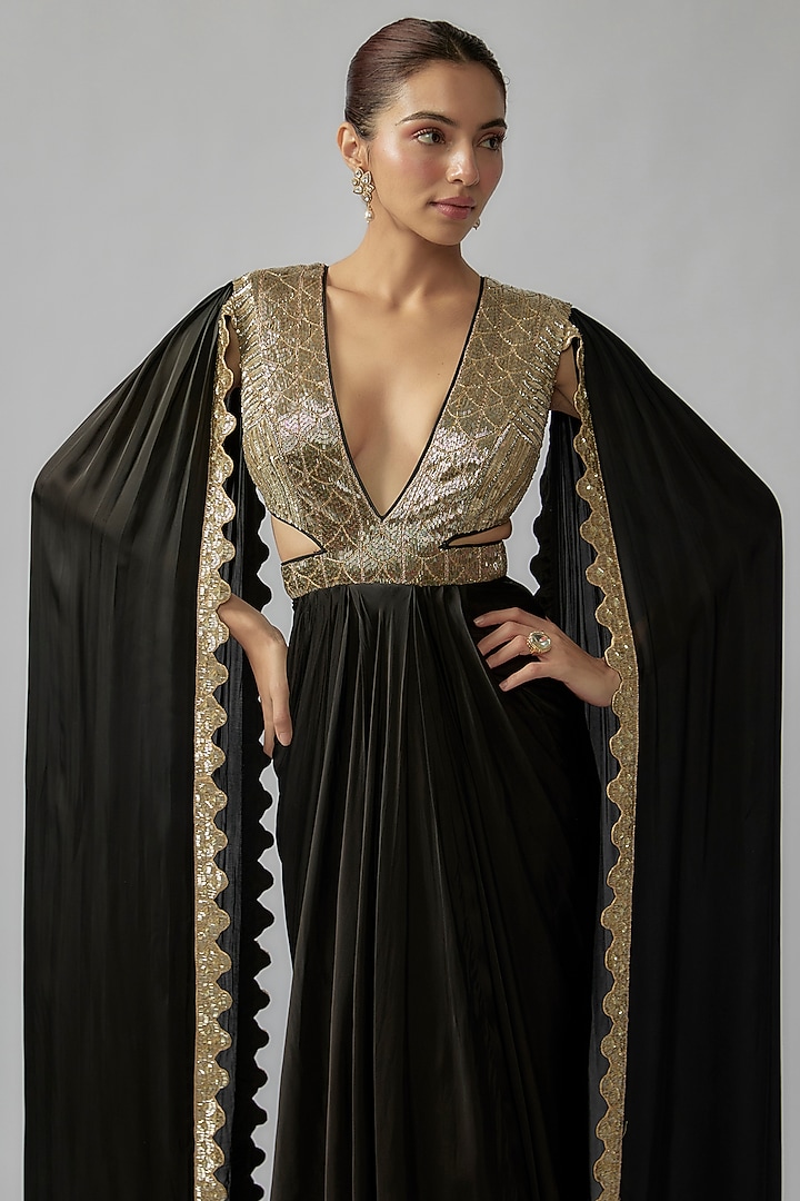 Black Satin Embroidered Gown by Rashi Kapoor at Pernia's Pop Up Shop