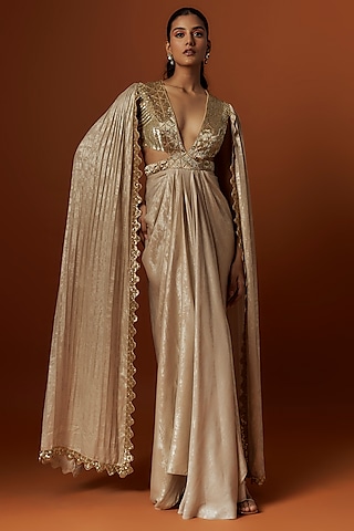 Gold Suede Gown by Rashi Kapoor