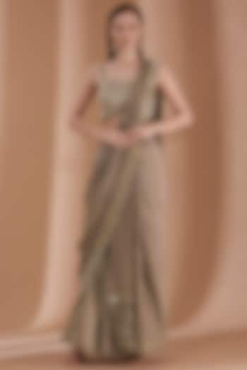Ash Grey Satin Silk Draped Sharara Saree Set by Rashi Kapoor