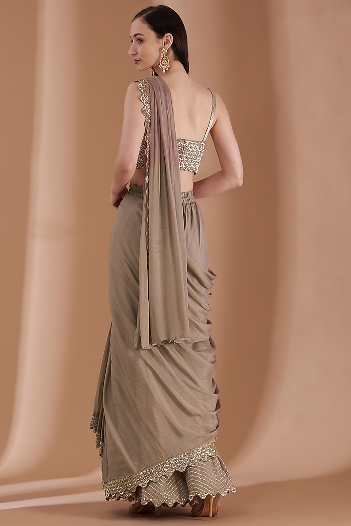 Ash Grey Satin Silk Draped Sharara Reception Saree Set by Rashi Kapoor at Pernia's Pop Up Shop