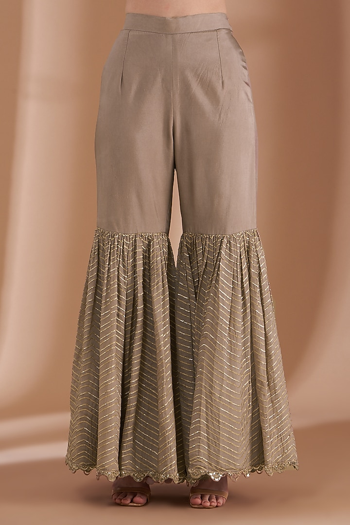 Ash Grey Satin Silk Draped Sharara Reception Saree Set by Rashi Kapoor at Pernia's Pop Up Shop