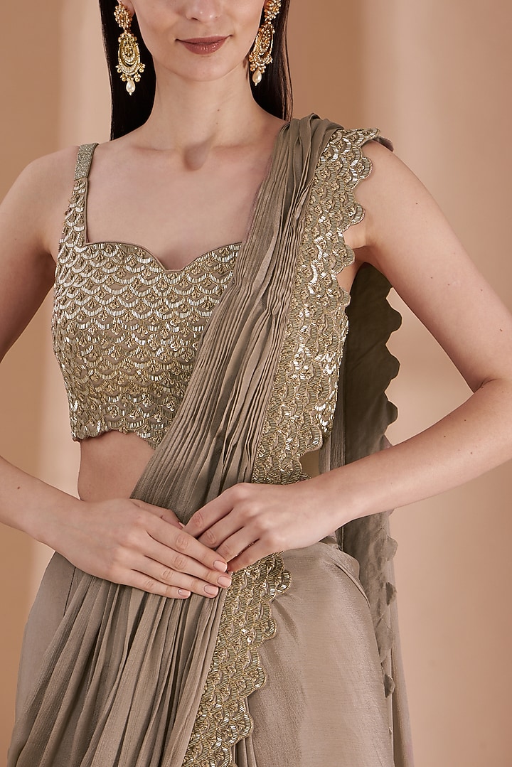 Ash Grey Satin Silk Draped Sharara Reception Saree Set by Rashi Kapoor at Pernia's Pop Up Shop