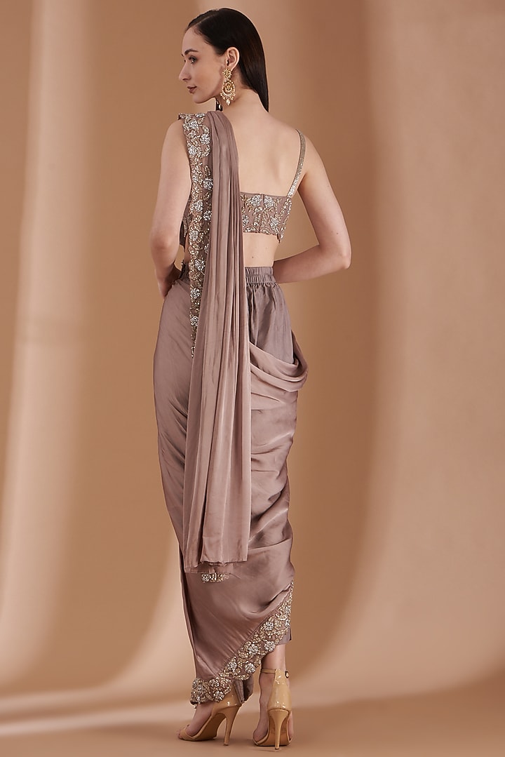Ash Grey Satin Silk Pant Wedding Saree Set by Rashi Kapoor at Pernia's Pop Up Shop