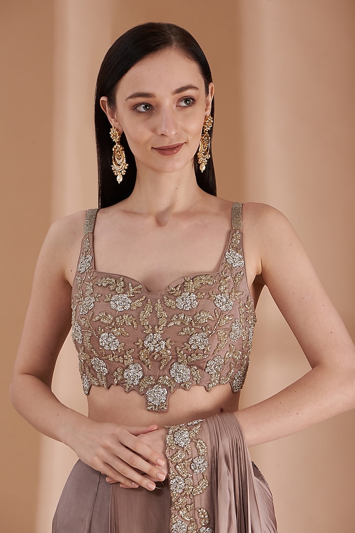 Ash Grey Satin Silk Pant Wedding Saree Set by Rashi Kapoor at Pernia's Pop Up Shop