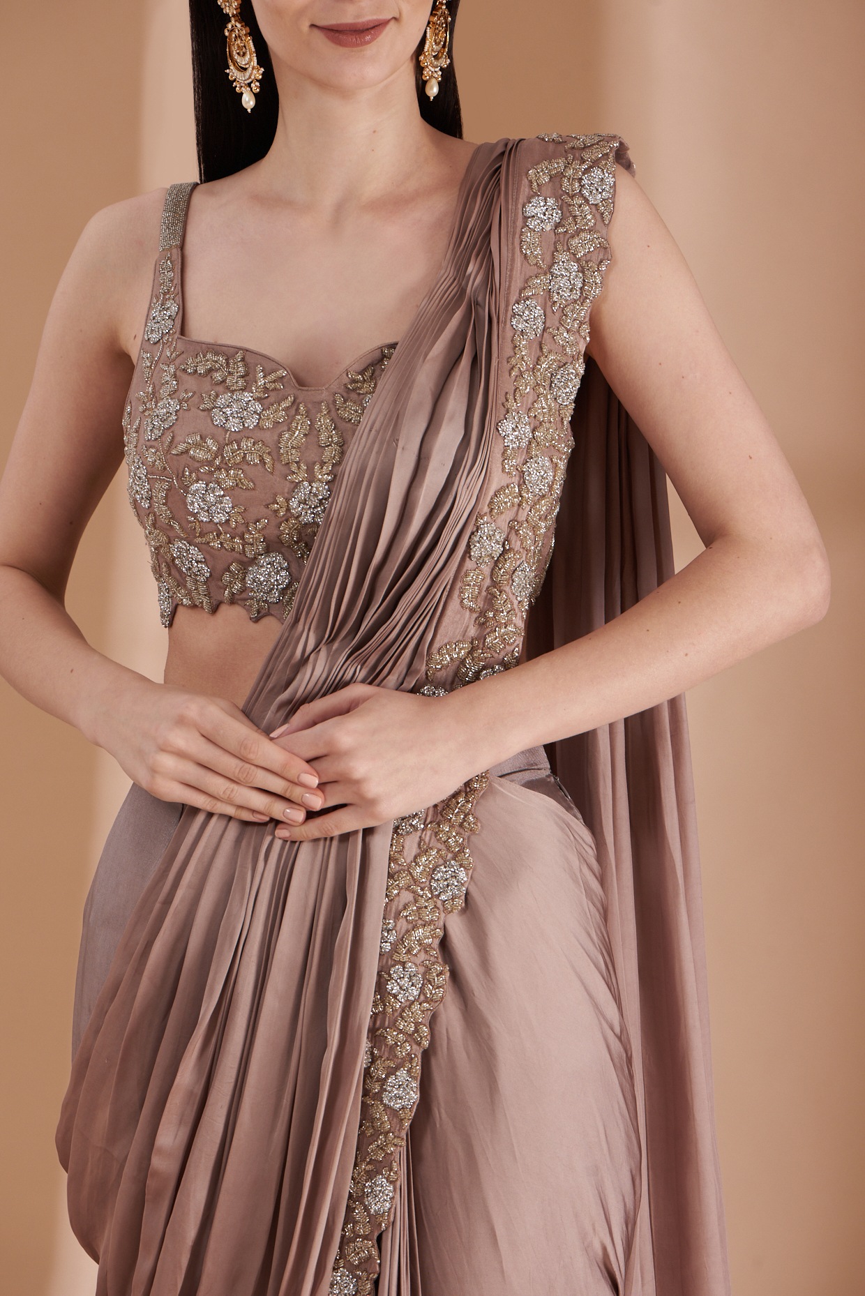 Elephant grey plain body Georgette designer saree features contrast dark  blue sequin work & embroidery border & blouse