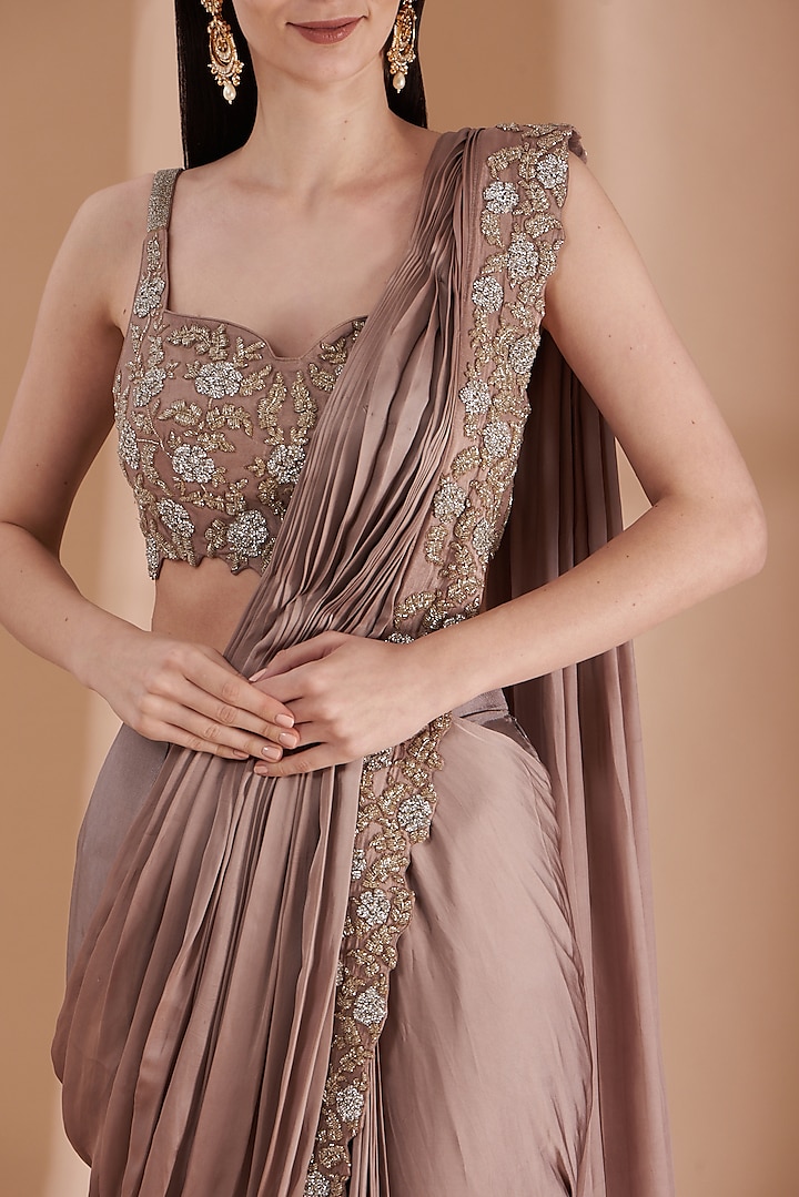 Ash Grey Satin Silk Pant Wedding Saree Set by Rashi Kapoor at Pernia's Pop Up Shop