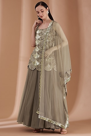 Ash Grey Satin Silk Sharara Set by Rashi Kapoor