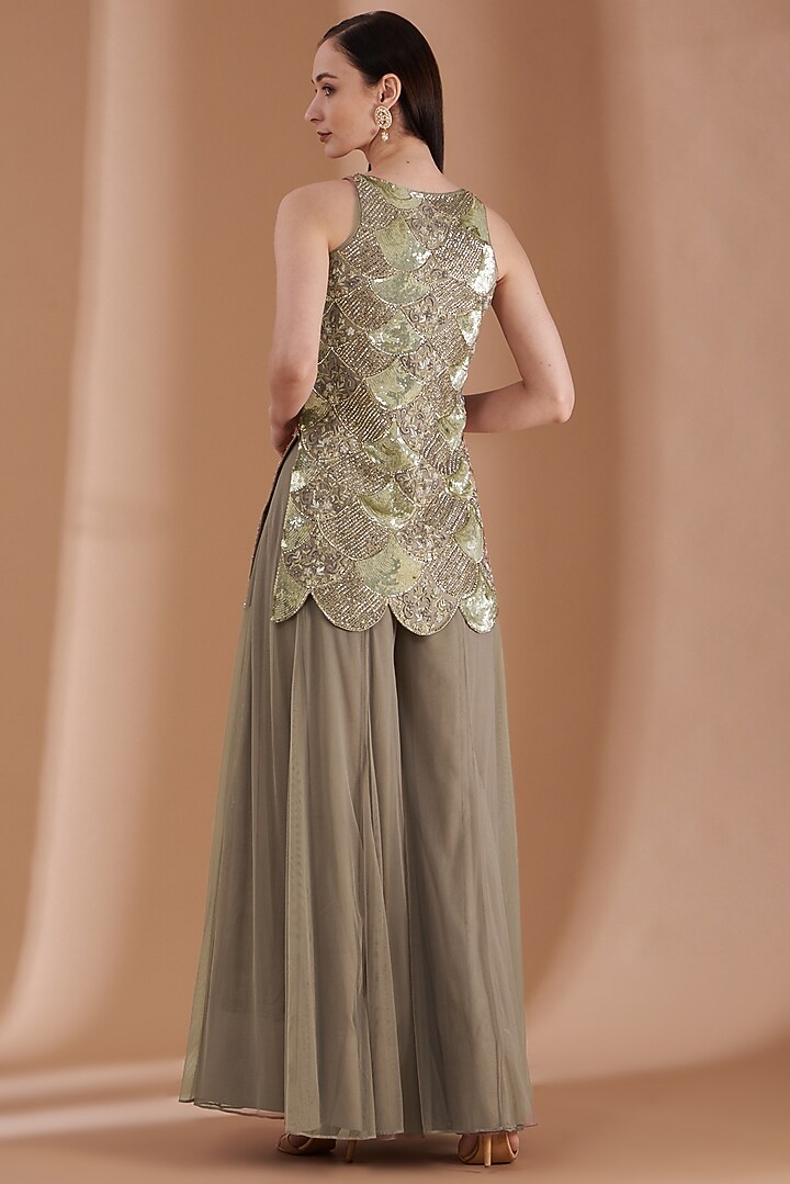 Ash Grey Satin Silk Bridal Sharara Set by Rashi Kapoor at Pernia's Pop Up Shop