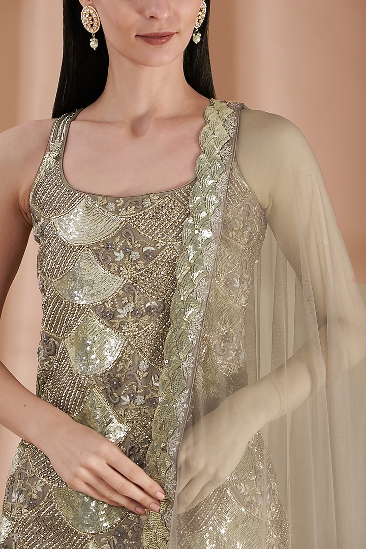 Ash Grey Satin Silk Bridal Sharara Set by Rashi Kapoor at Pernia's Pop Up Shop