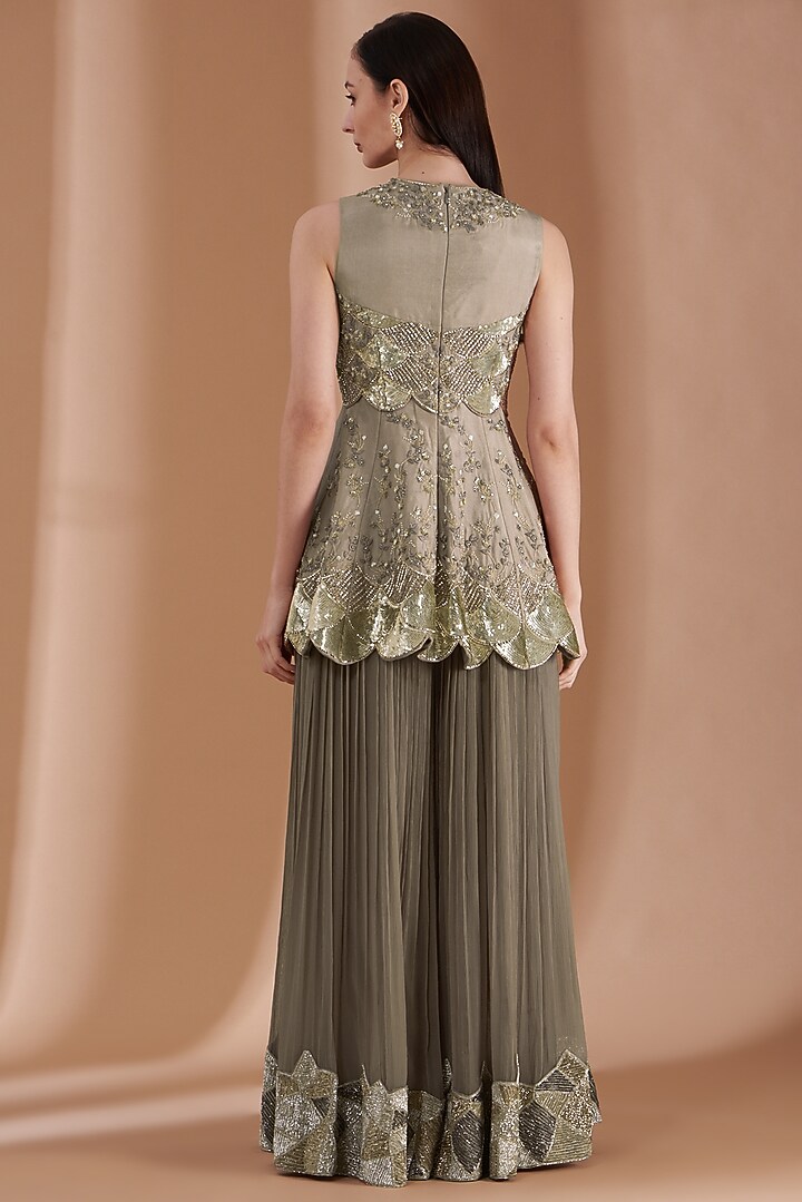 Ash Grey Net Embroidered Pleated Pant Set by Rashi Kapoor at Pernia's Pop Up Shop