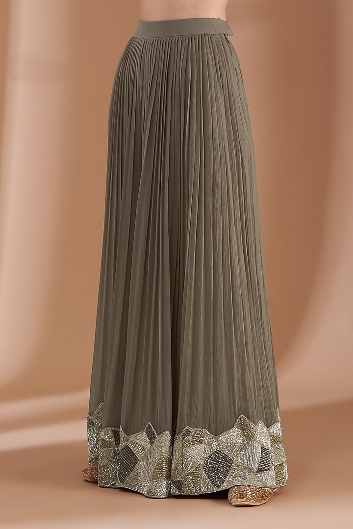 Ash Grey Net Embroidered Pleated Pant Set by Rashi Kapoor at Pernia's Pop Up Shop