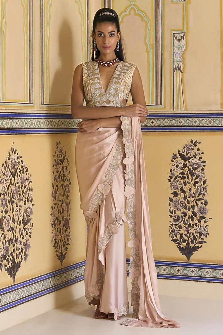 Taupe Georgette Hand Embroidered Draped Skirt Reception Saree Set by Rashi Kapoor at Pernia's Pop Up Shop