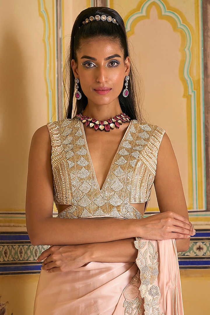 Taupe Georgette Hand Embroidered Draped Skirt Reception Saree Set by Rashi Kapoor at Pernia's Pop Up Shop