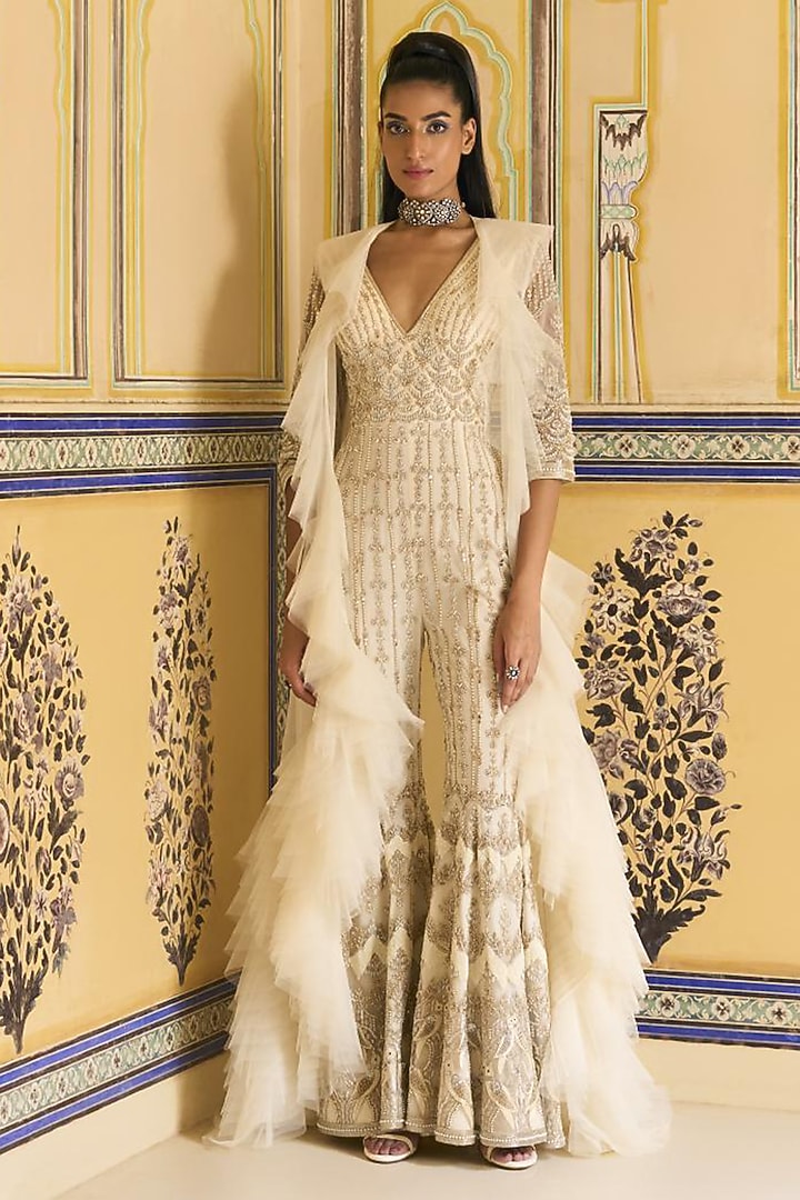 Ivory Net Embellished Jumpsuit by Rashi Kapoor at Pernia's Pop Up Shop