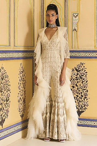 Ivory Net Embellished Jumpsuit by Rashi Kapoor