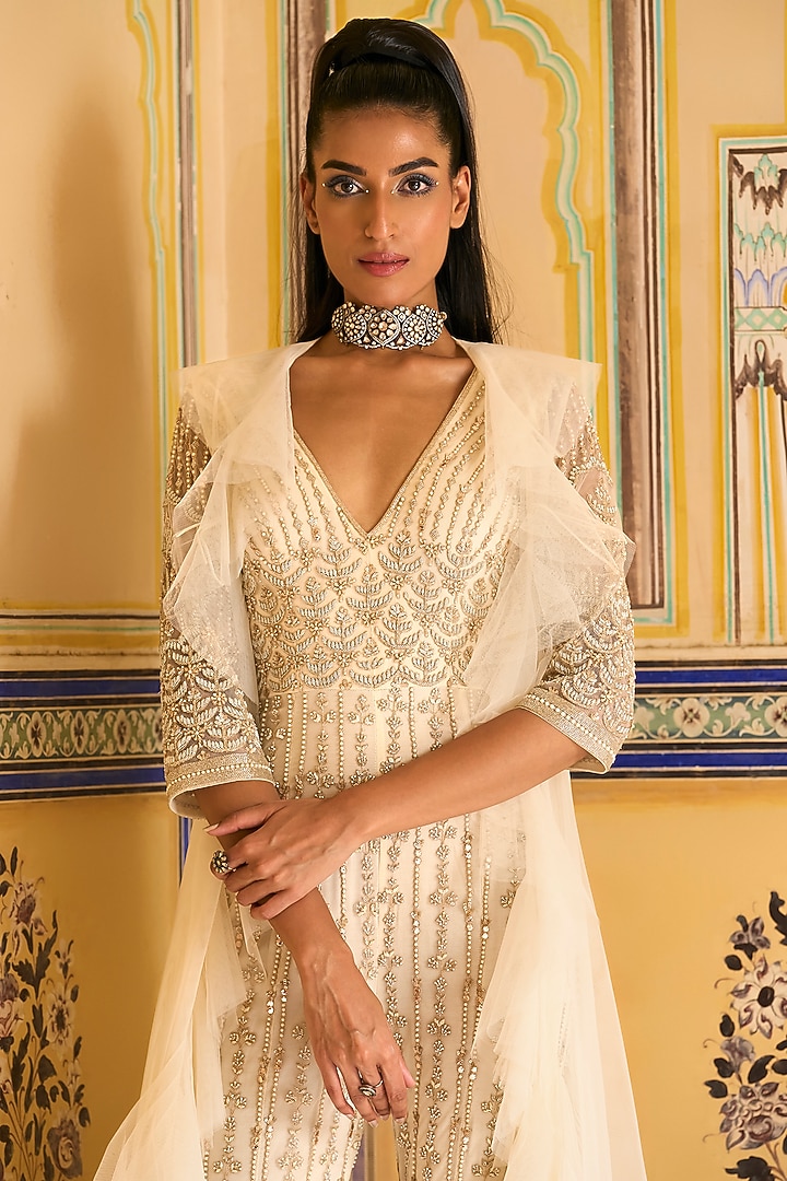Ivory Net Embellished Jumpsuit by Rashi Kapoor at Pernia's Pop Up Shop