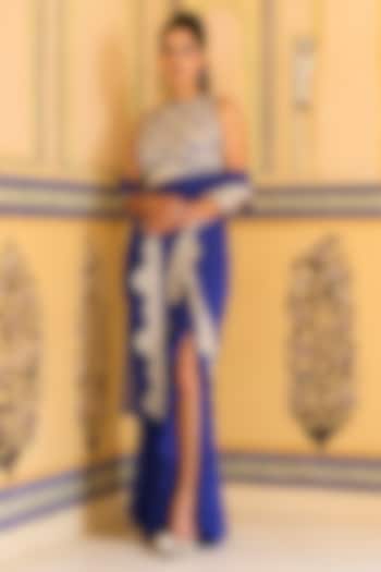 Royal Blue Georgette Hand Embellished Draped Skirt Reception Saree Set by Rashi Kapoor at Pernia's Pop Up Shop