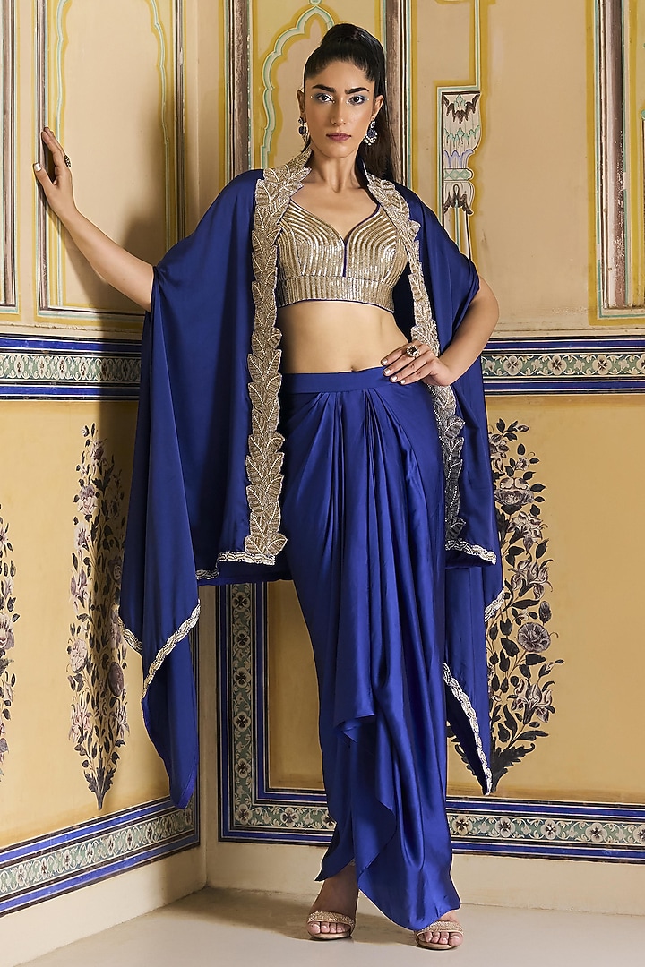 Royal Blue Silk Satin Draped Skirt Set by Rashi Kapoor at Pernia's Pop Up Shop