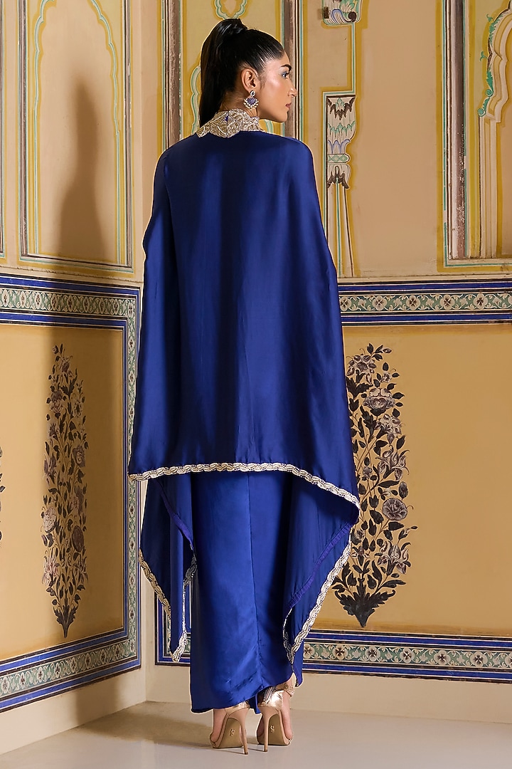 Royal Blue Silk Satin Draped Skirt Set by Rashi Kapoor at Pernia's Pop Up Shop