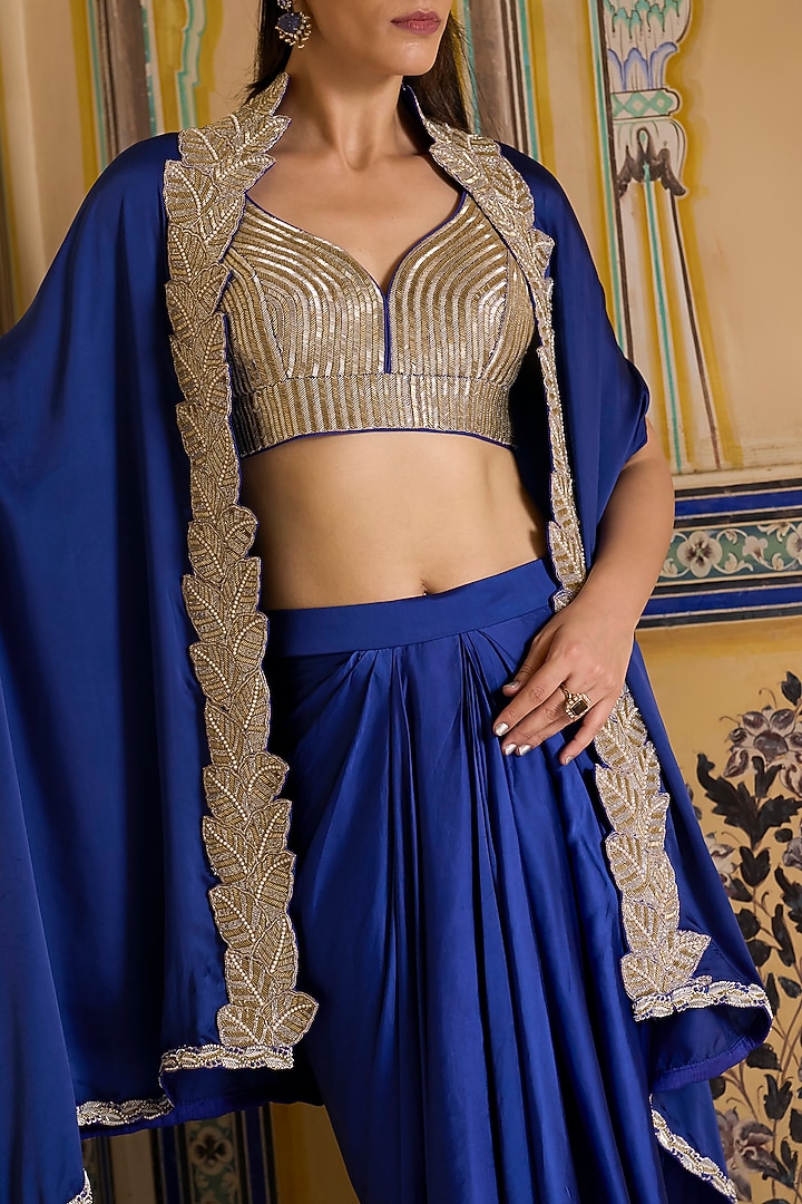 Royal Blue Silk Satin Draped Skirt Set by Rashi Kapoor at Pernia's Pop Up Shop