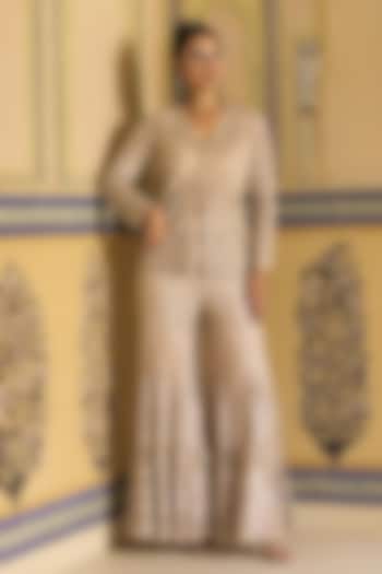 Taupe Net Embroidered Flared Bridal Sharara Set by Rashi Kapoor at Pernia's Pop Up Shop