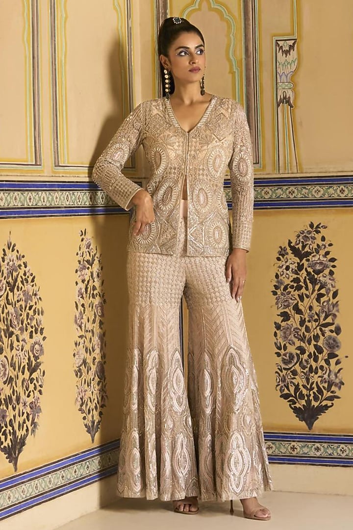 Taupe Net Embroidered Flared Bridal Sharara Set by Rashi Kapoor at Pernia's Pop Up Shop