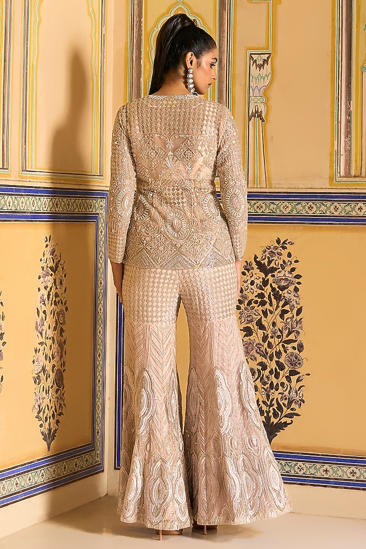 Taupe Net Embroidered Flared Bridal Sharara Set by Rashi Kapoor at Pernia's Pop Up Shop