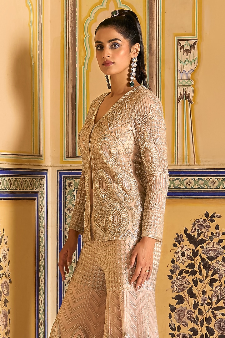Taupe Net Embroidered Flared Bridal Sharara Set by Rashi Kapoor at Pernia's Pop Up Shop