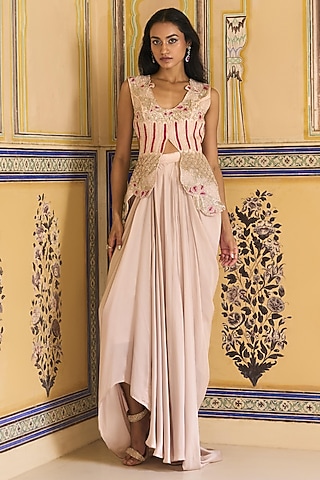 Pink Satin Draped Asymmetric Skirt Set by Rashi Kapoor