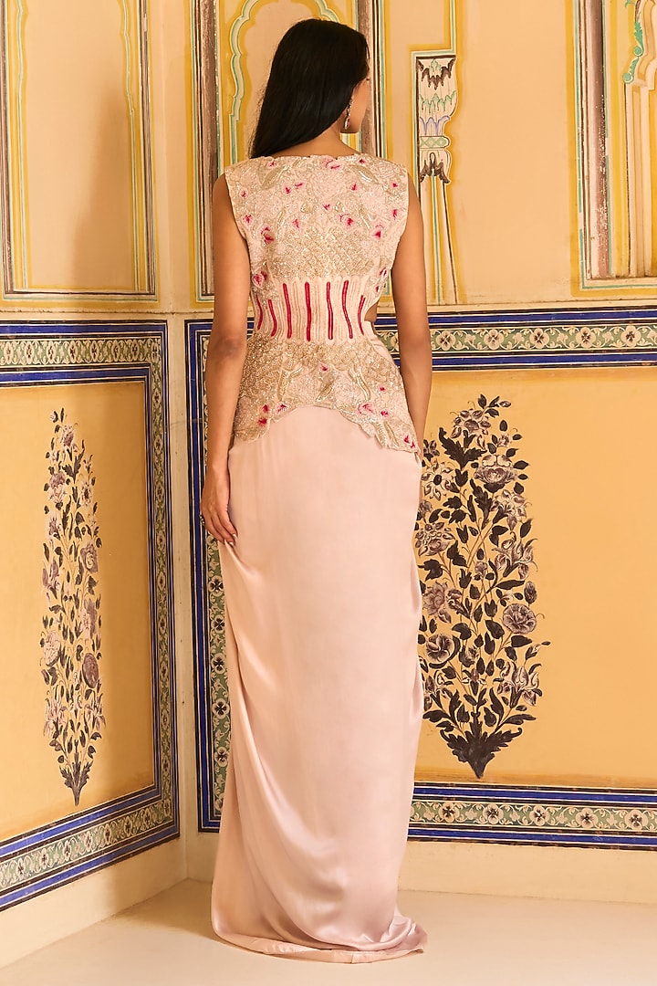 Pink Satin Draped Asymmetric Skirt Set by Rashi Kapoor at Pernia's Pop Up Shop