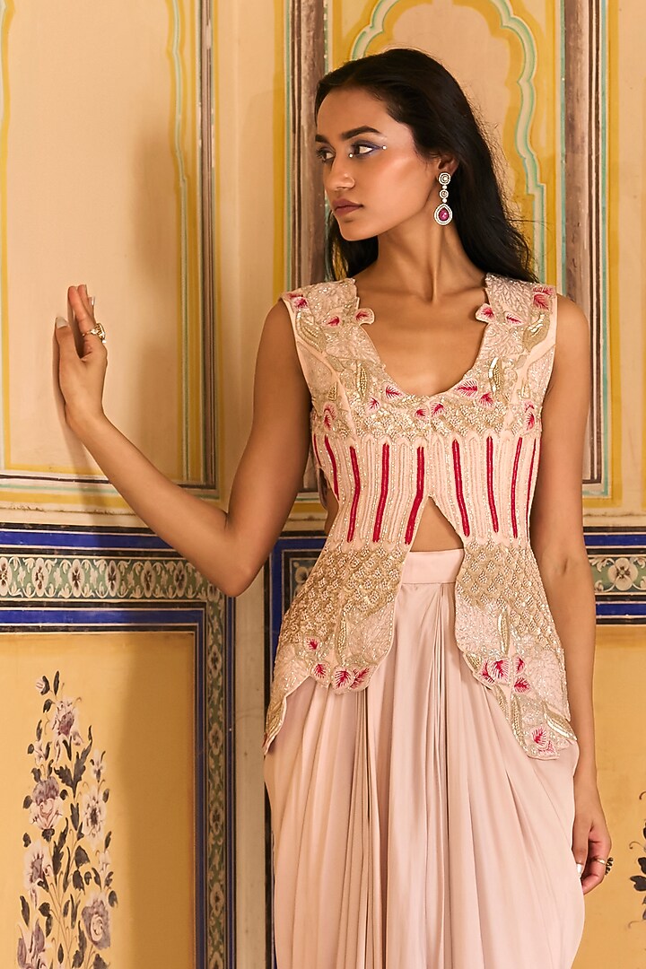 Pink Satin Draped Asymmetric Skirt Set by Rashi Kapoor at Pernia's Pop Up Shop