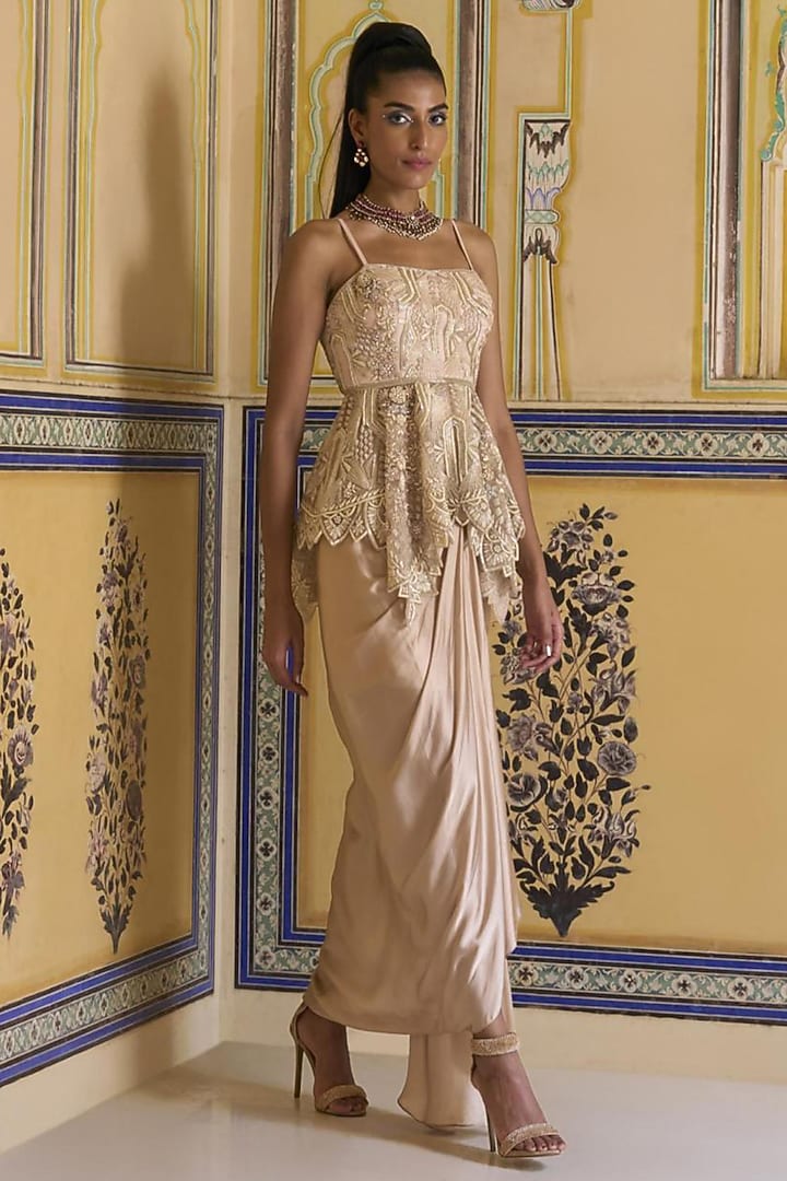 Pink Satin Draped Mermaid Skirt Set by Rashi Kapoor at Pernia's Pop Up Shop