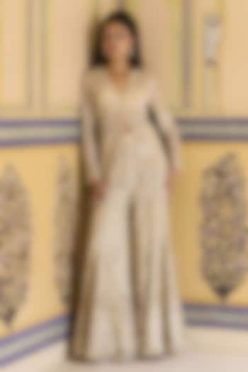 Ivory Net Embroidered Flared Bridal Sharara Set by Rashi Kapoor at Pernia's Pop Up Shop