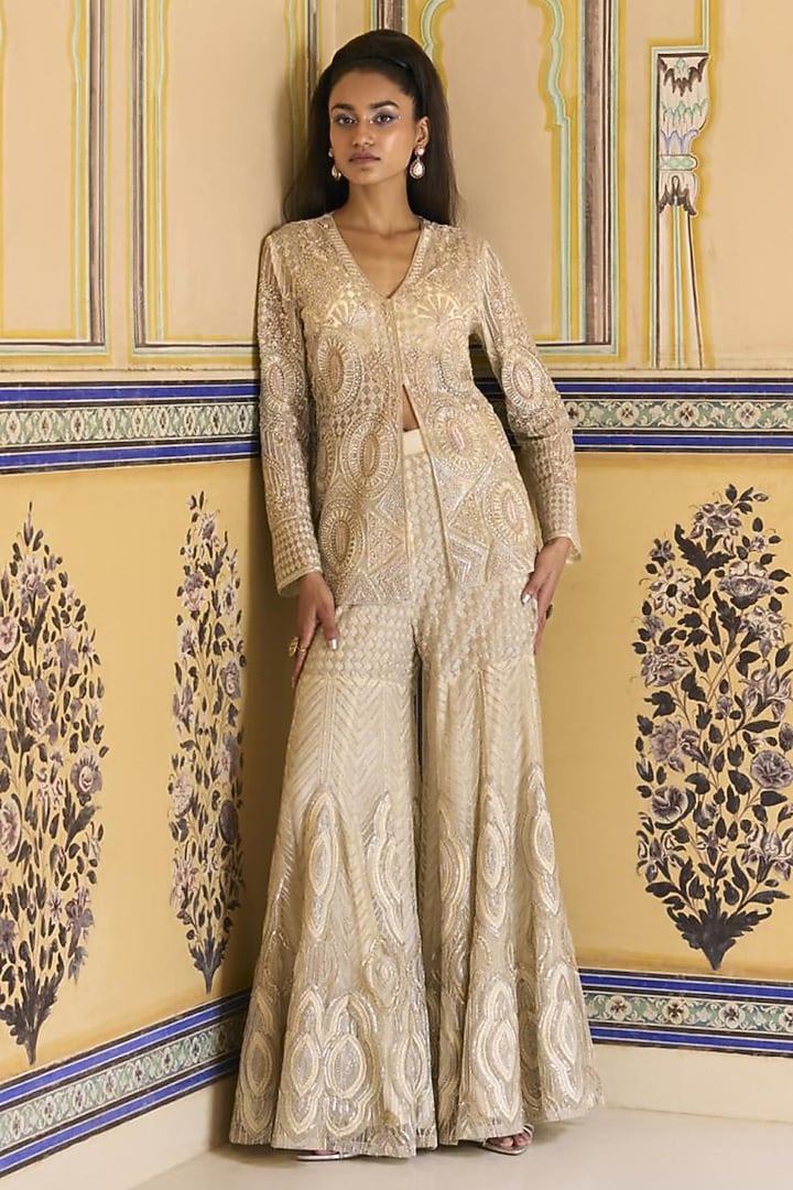 Ivory Net Embroidered Flared Bridal Sharara Set by Rashi Kapoor at Pernia's Pop Up Shop