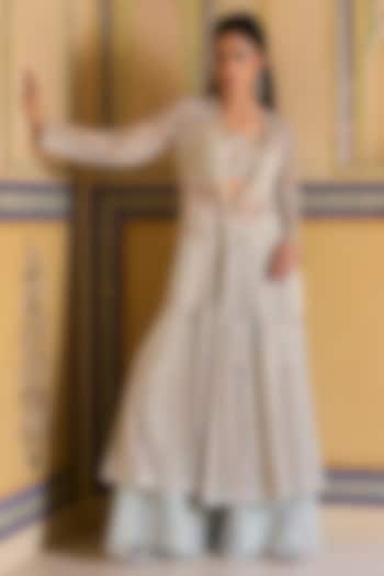 Powder Blue Net Pearl Hand Embroidered Jacket Set by Rashi Kapoor at Pernia's Pop Up Shop