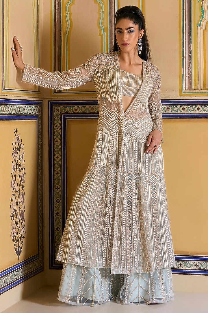 Powder Blue Net Pearl Hand Embroidered Jacket Set by Rashi Kapoor at Pernia's Pop Up Shop