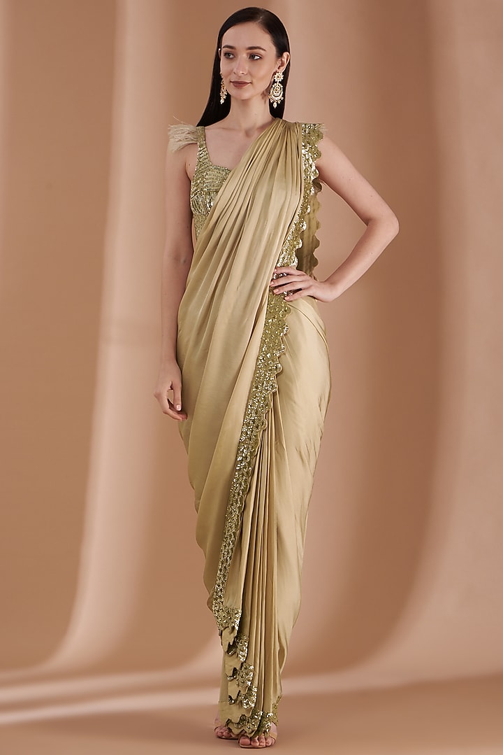 Beige Satin Silk Draped Pant Saree Set by Rashi Kapoor