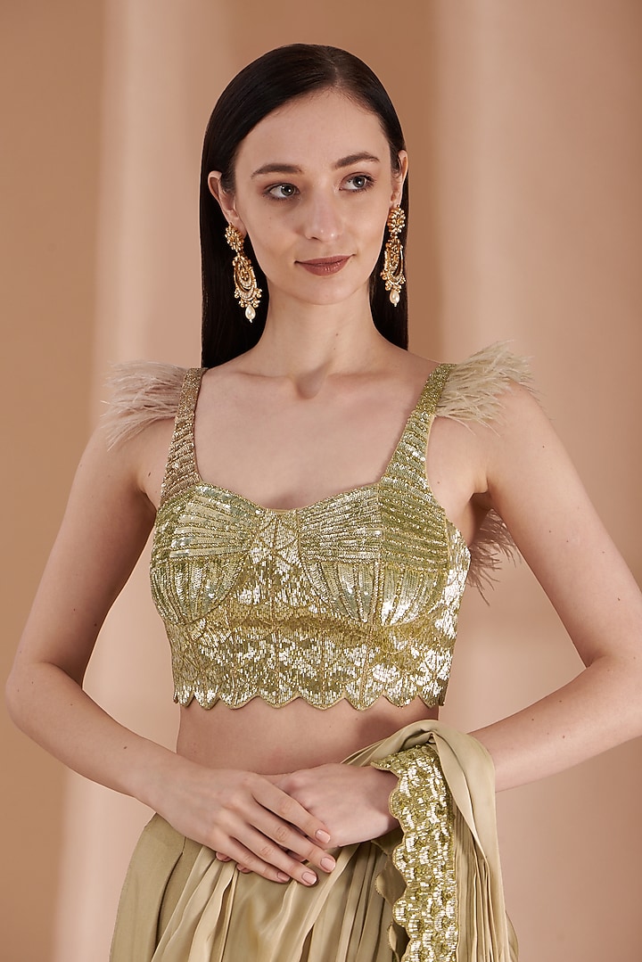 Beige Satin Silk Draped Pant Reception Saree Set by Rashi Kapoor at Pernia's Pop Up Shop
