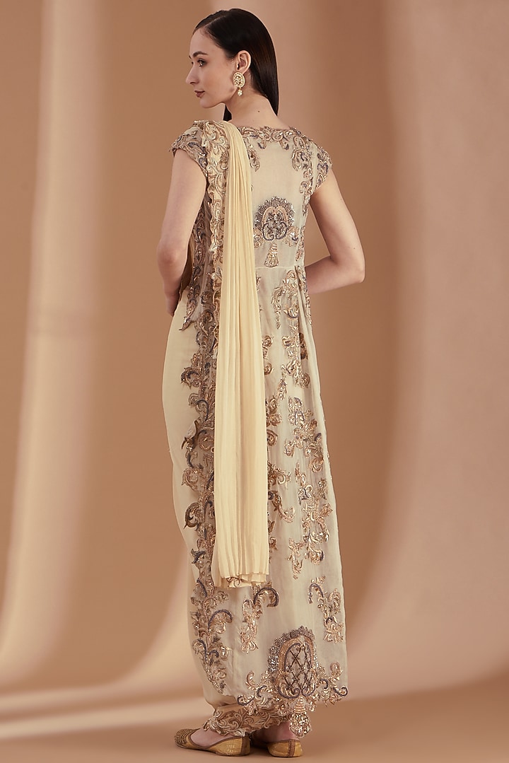 Champagne Satin Silk Embroidered Draped Sharara Bridal Saree Set by Rashi Kapoor at Pernia's Pop Up Shop
